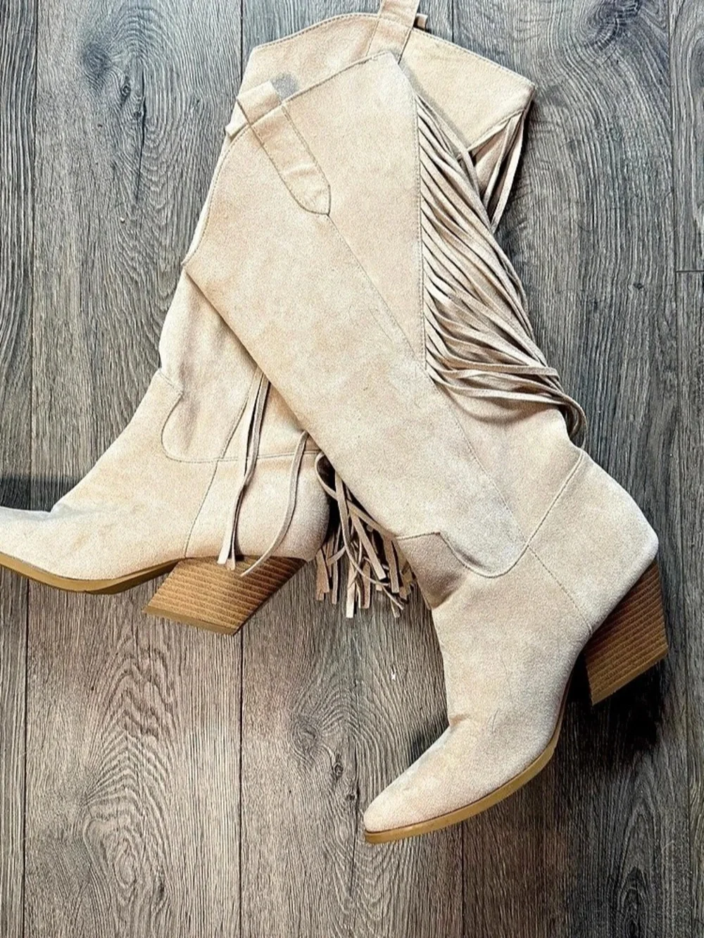 Nasty Gal Beige Faux Suede Fringe Western Cowboy Boots Knee High EU 39 / US 8.5-